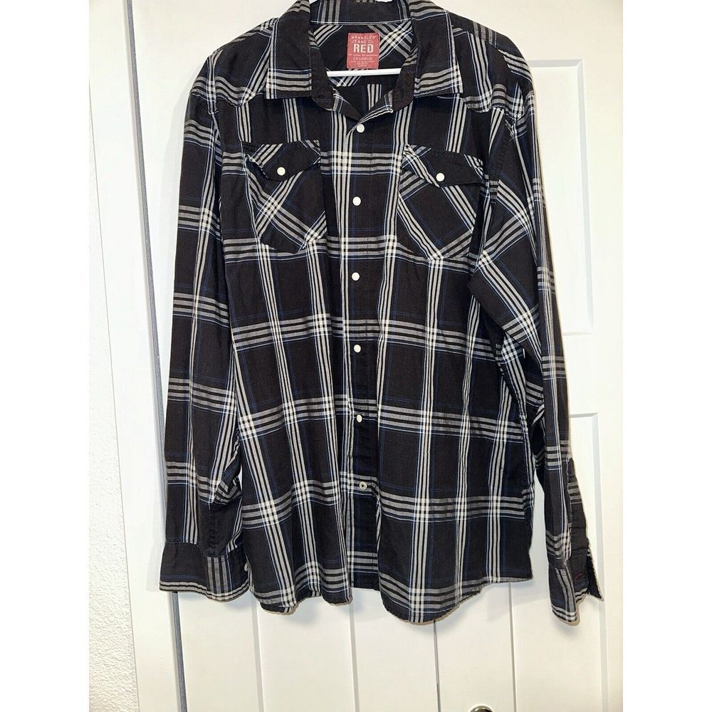 Wrangler Jeans Co RED Western Pearl Snap Shirt Mens Black 2XL Plaid Long Sleeve